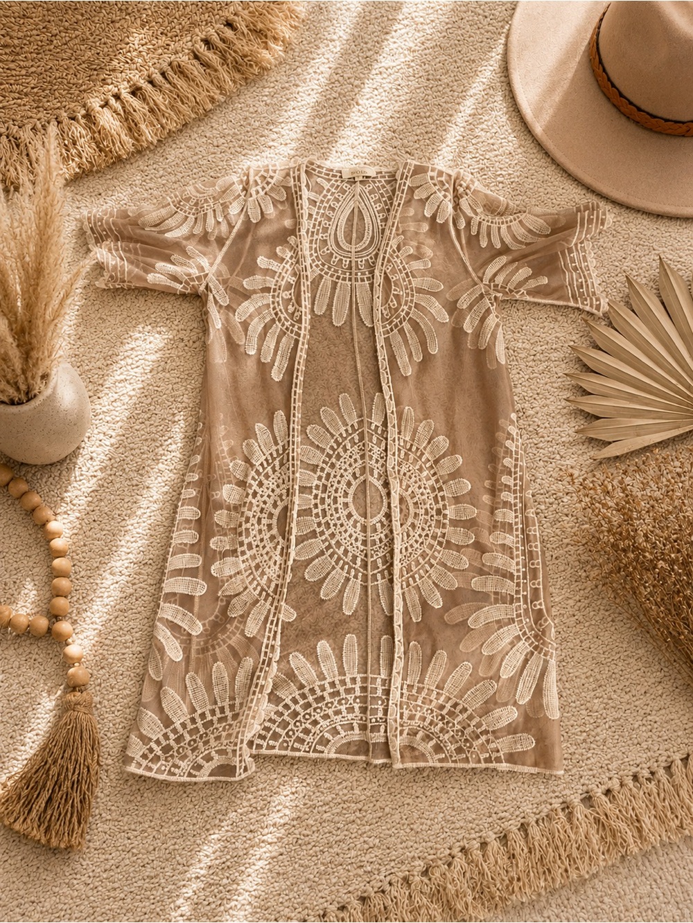 Boho Embroidered Sheer Mesh Kimono Cover Up | Beige & Ivory Festival Duster